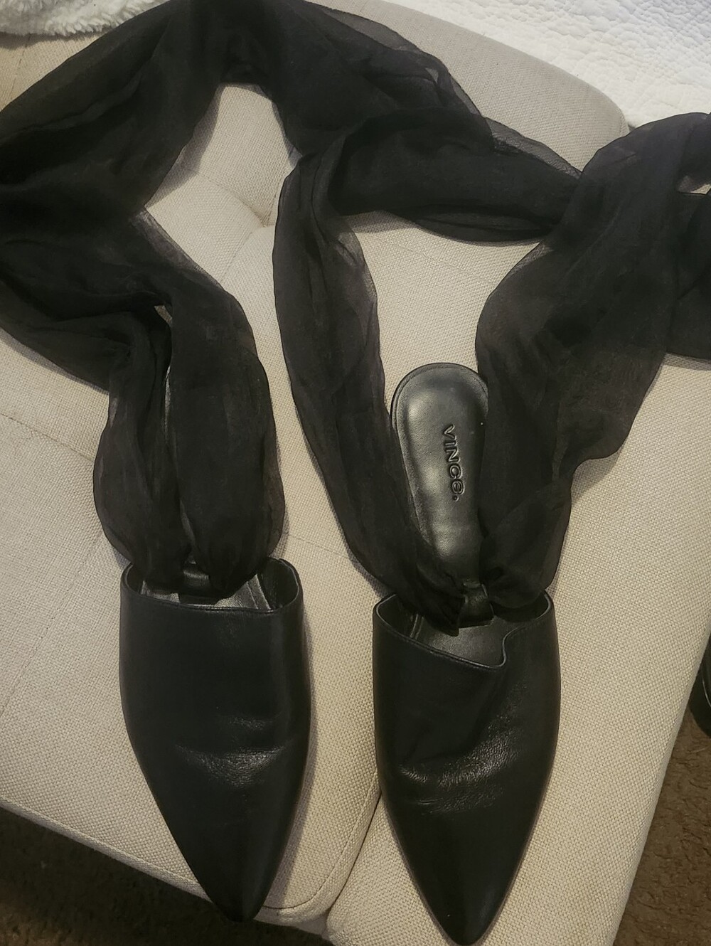Vince Black Pointed Leather Slingback Mules